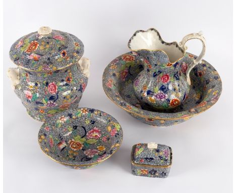 A Copeland wash set comprising jug and basin, bowl, soap dish and urn and cover, decorated flowers on a blue ground CONDITION