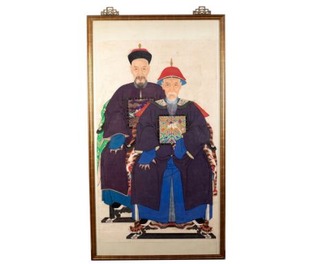 A Qing Chinese ancestor portrait group of two seated sages wearing Mandarin cloaks, watercolour on linen, now framed, 178cm x