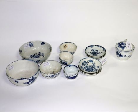 A collection of blue printed Worcester and Caughley porcelain tea wares, circa 1760-1780, comprising six tea bowls, seven sau