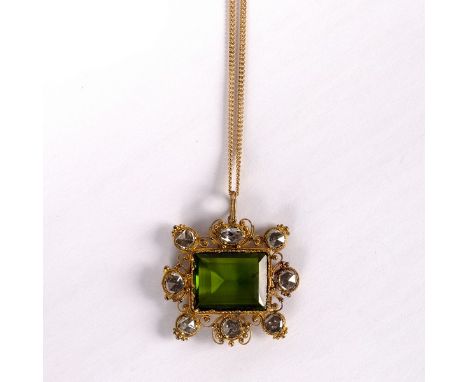 A tourmaline pendant with border of eight rose cut diamonds to a fine 9ct gold neck chain, pendant 3.2cm wide/see illustratio