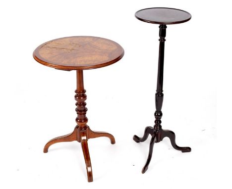 A burr walnut topped tripod table, 48cm diameter and a torchère on tripod base, 86.5cm high