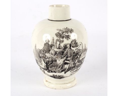 A Worcester oviform tea caddy, printed Garden Party, 12.5cm high CONDITION REPORT: Lacks cover. Condition appears good. 