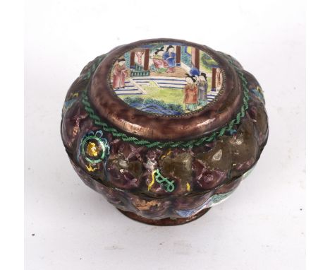 A Cantonese enamel box and cover, possibly 18th Century, of lobed circular shape, the cover and sides with reserves of figure