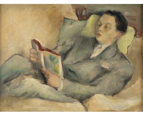 Chiquita Astor/Portrait of James Arthur Pope-Hennessy/reclining reading a book, The Blessing by Nancy Mitford/inscribed verso