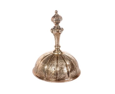 An early Victorian silver table bell, Robert Garrard, London 1838, the knopped handle to a domed bell with engraved panelled 