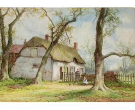 A painted ceramic panel of a cottage and trees, signed H Wallace, 13cm x 20cm, framed