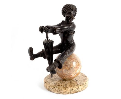 A bronze figure of a clown with umbrella, seated on an alabaster sphere on a flat circular base, 39cm high