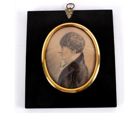 19th Century English School/Portrait Miniature of a Young Man in Profile/initialled/watercolour on paper, 9.5cm x 7.5cm/and t