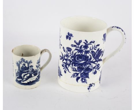 A large blue printed Caughley mug decorated roses, 15.25cm high and a smaller Worcester mug printed with a Chinese fishing pa