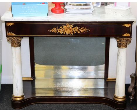 A marble topped console table, on marble column front supports with Corinthian capitals and a mirror back flanked by pilaster
