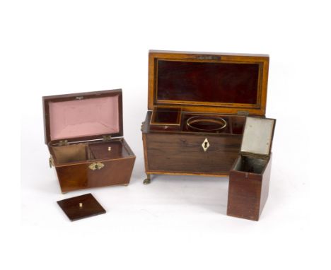 A Regency mahogany and inlaid tea caddy of sarcophagus shape on brass ball and claw feet, 31.5 wide and a smaller caddy, 20cm
