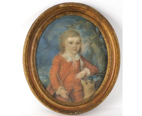 English School, early 19th Century/Portrait of a Boy/three-quarter length, in a red suit, with a dog/pastel, 43cm x 37cm