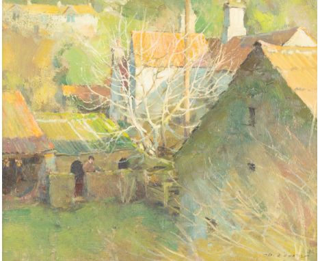 David J Curtis (British, born 1948)/Winter Light, Stone Mill/signed and dated '90/oil on board, 25.5cm x 31cm /Provenance: Pu