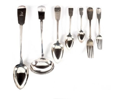 A silver fiddle pattern flatware set, mostly Dublin 1828, unicorn crest and others, comprising ten tablespoons, eleven desser