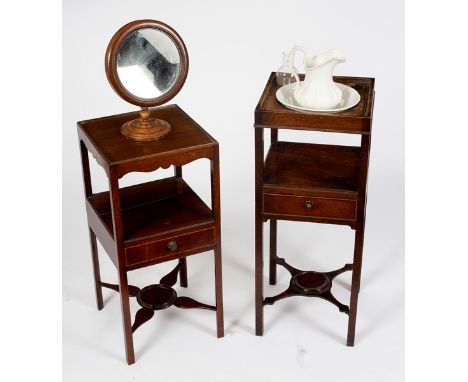 A Victorian mahogany circular shaving mirror and two two-tier washstands, one fitted a jug and basin