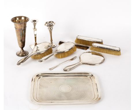 A silver tray, Chester 1917, with engine turned decoration, 30.5cm x 23cm, a silver backed dressing set, three vases and a pi