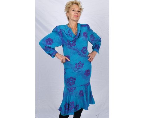 ZANDRA RHODES turquoise and purple silk dress with petticoat and sash c1985 Size UK10Condition Report:  Good condition commen