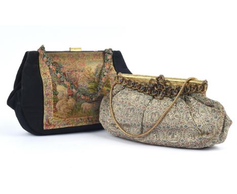Two Edwardian evening bags. 1930s black grosgrain evening bag with fine needlepoint tapestry panels depicting medieval countr