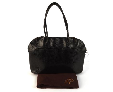 MULBERRY 1990s vintage large black pebble leather tote/shoulder bag with plaid lining and brass hardware and original dust ba