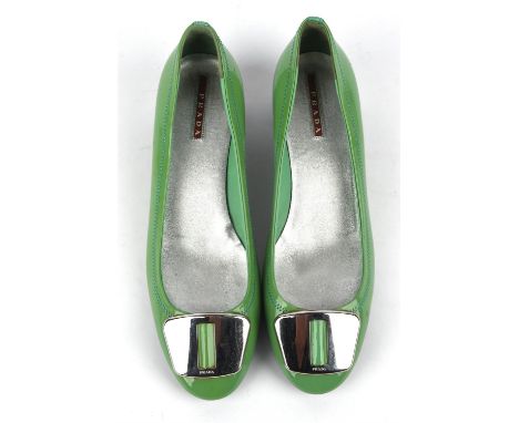 PRADA pea-green leather low-heeled pumps with silver tone hardware UK6 U39. Worn onceCondition Report:  Excellent gently used