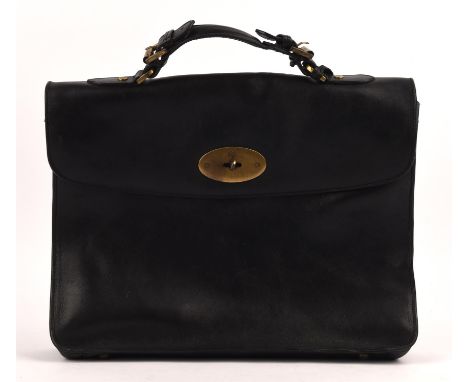 ADDENDUM LOT - MULBERRY vintage black soft buffalo leather laptop bag/briefcase with brass hardware and padlock and two keys 
