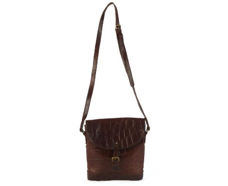MULBERRY brown Congo leather vintage cartridge-style cross-body handbag with brass hardware and plaid lining. Made in England