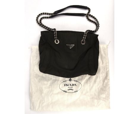 PRADA Tessuto Catena Tote nylon city handbag with silver tone hardware and leather chain link strap and original dust bag (29