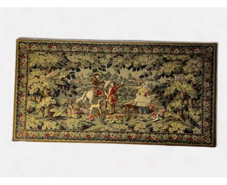 A very large finely-stitched decorative embroidered tapestry wall-hanging depicting a Georgian country scene with a rider and