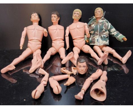 Four Pallitoy Flock Hair Action Man, two dark hair (no beards), two blonde (one with beard) along with another flock haired h