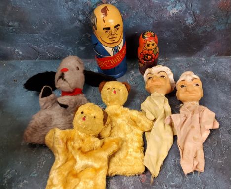 A Chad Valley Sweep hand puppet;&nbsp; two Sooty hand puppet;&nbsp; mid 20th century hand puppets, Punch and Judy;&nbsp; Russ