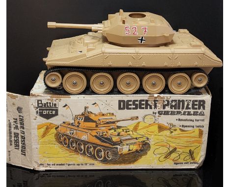 A Cherilea Desert Panzer tank, Cherilea Jeep with supply trailer, Action Man Solar Hurricane Cherilea desert Panzer tank with