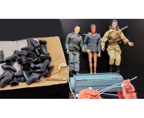 Three 1/6th Scale Action Figures, including Flock Hair Action Man (painted eyes), DID Action figure with mortar launcher and 
