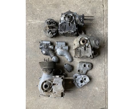 A quantity of Royal Enfield engine componentsincluding crankcases (numbered JS 14194; 17596 and 17535); a cylinder barrel; cy