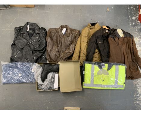 A quantity of motorcycle riding gearincluding a black leather Bikers Paradise jacket size 54; brown leather Bikers Paradise J