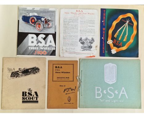 A selection of BSA car catalogues and brochuresincluding 1931 and 1934 Three Wheeler, 1936 Scout, an undated 'Ten' and 'Light