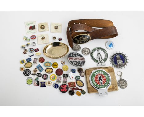 An early The Motor Cycling club enamel badgefounded 1901 and depicting a single cylinder engine; NE London MCC badge; BSA mot