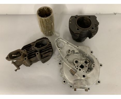 A selection of believed Pre-War BSA engine componentscomprising an OHV cylinder head, cylinder barrel with fin damage, cylind