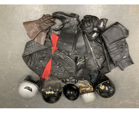 Assorted motorcycling wearincluding two leather jackets (brand and size unknown); a pair of Scott leather trousers (UK size 3