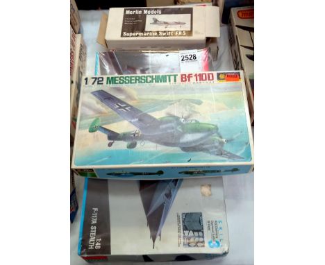 4 boxed model kits including Messerschmitt, Fiat - CR32, Supermarine Swifters (all 1:72 scale) &amp; F.117A Stealth 1:48 scal