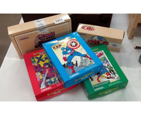 3 Corgi Marvel Super Heroes twin packs &amp; 2 Corgi classics Thornycroft bus &amp; American La France fire engine 