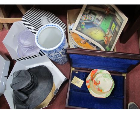 Blue and White Pottery Stick Stand, set of twenty four 1960's Fairy Tale pictures by E R Royce, cutlery box etc:- One Box, pl