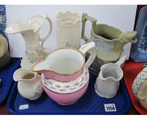 Belleek Castle Vase, pitcher decorated with flowers, Belleek jug, etc:- One Tray