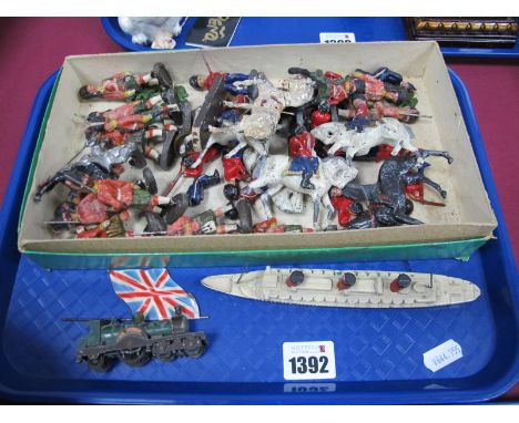 Elastolin Highlander Soldiers, others in metal, Crescent model liner, Lesney train etc:- One Tray.