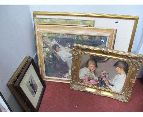 After Clausen, Flower Arranging, colour print, in gilt frame 44 x 53cm, three larger prints and two smaller. (6).
