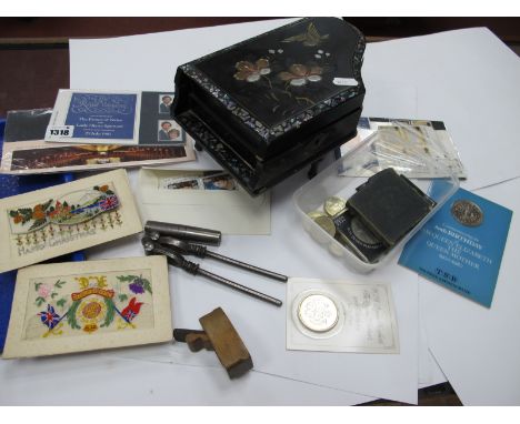 WWI Postcards, First Day Covers, coins, miniature block plane, Duncan Gilmour Sheffield tool set, musical jewellery box in th