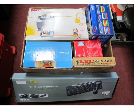 A Brother Professional Labelling Machine, Canon compact photo printer, easel for enlarger, Kodak C613 printer, wireless keybo