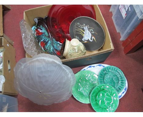 A Ruby Glass Shallow Dish, 36cm diameter, pottery salt cellar, light shade, plates, etc:- One Box.