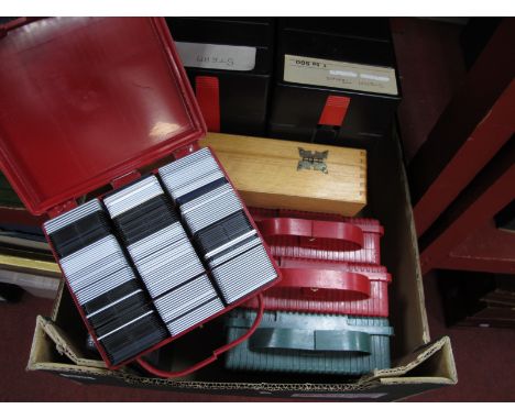 Projector Slides - stations, engines, plaques, countryside and many other subjects, large quantity in eight cases:- One Box.