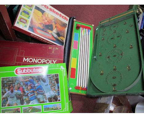 Bagatelle Board, Monopoly, Etch a Sketch, Subbuteo, Racing game, etc, Snooker cue. (6).