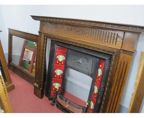 A XIX Century Oak Effect Fire Surround and Matching Over mantle, fireplace wih egg dart frieze, reeded sided, cast iron centr